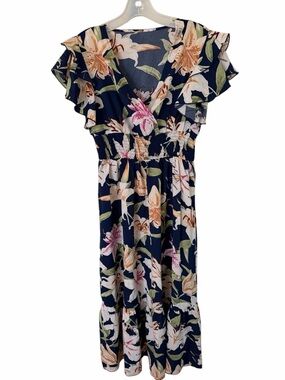 Navy V-neck tropical Floral dress short sleeve perfect for summer Aline NWT